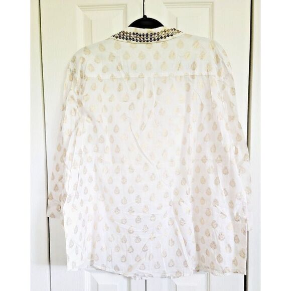 Chico's 3 Cotton Embellished Button Down Blouse Size L White/Gold 3/4 Slv India - Picture 2 of 7
